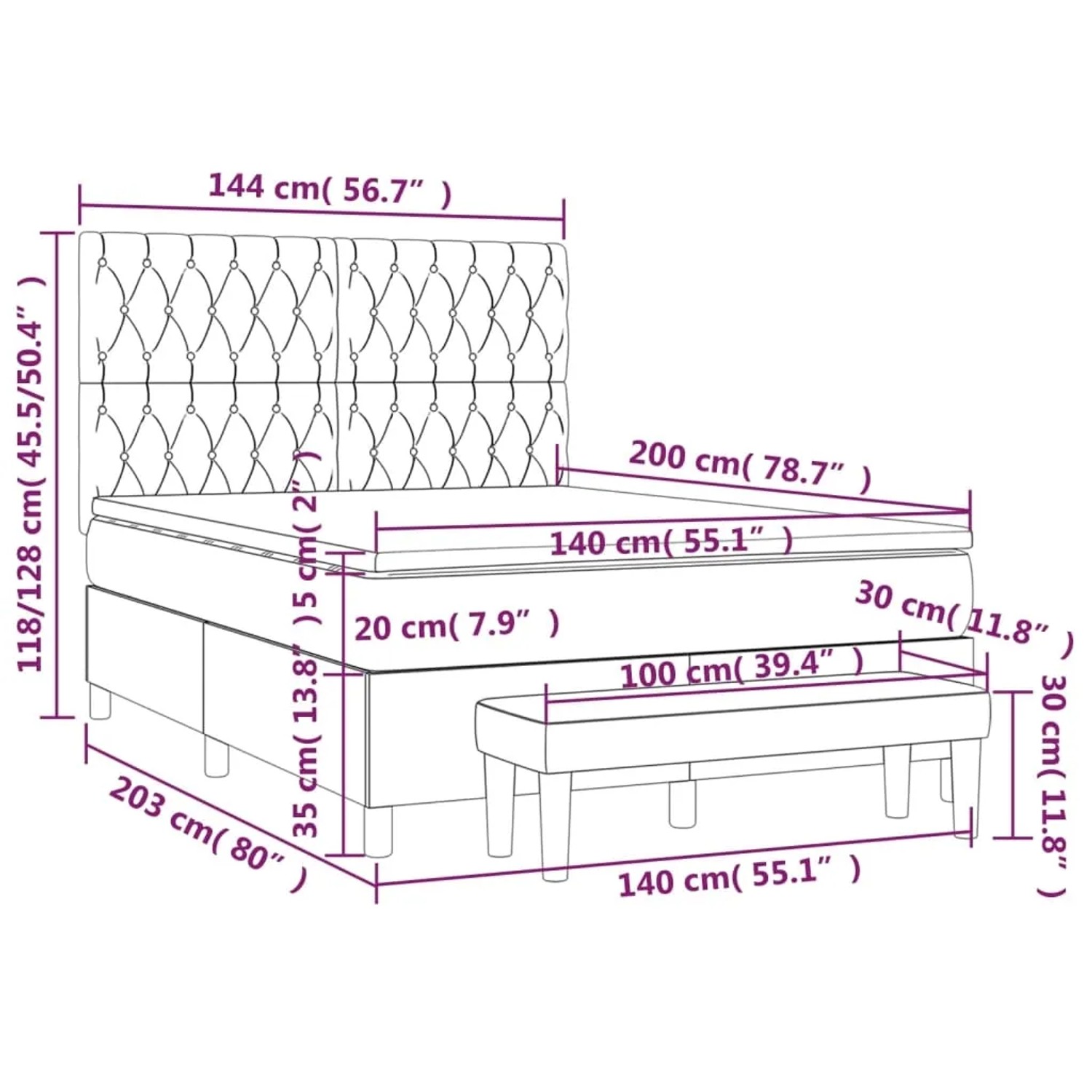 Blaues vidaXL Boxspringbett 140x200 cm mit Matratze, Kopfteil und Bank. Maßangaben im Bild.