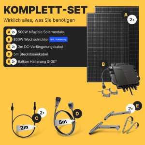 Solakon Balkonkraftwerk 1000W Solaranlage mit Balkonhalterung Steckerfertig Komplettset Photovoltaik 800W Kabellänge 5m