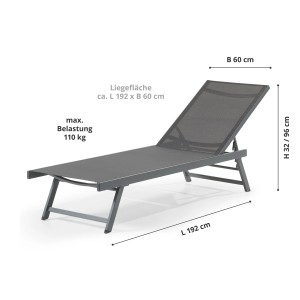 Anthrazitfarbene Leco Sonnenliege Elina mit verstellbarer Rückenlehne und Aluminiumgestell.