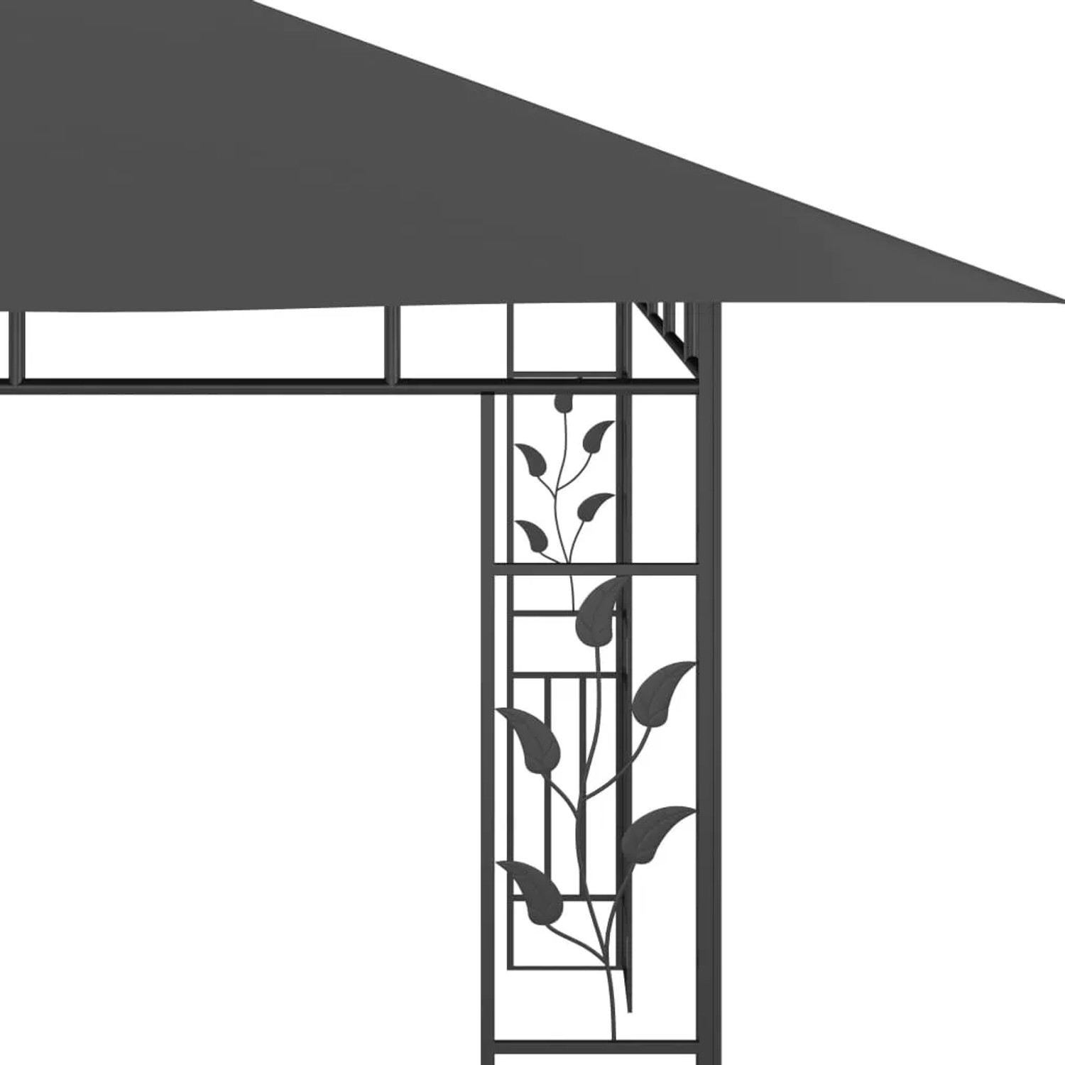 Detailansicht: Anthrazitfarbener vidaXL Pavillon (4x3m) mit Moskitonetz und LED-Lichterkette, Blumendesign.
