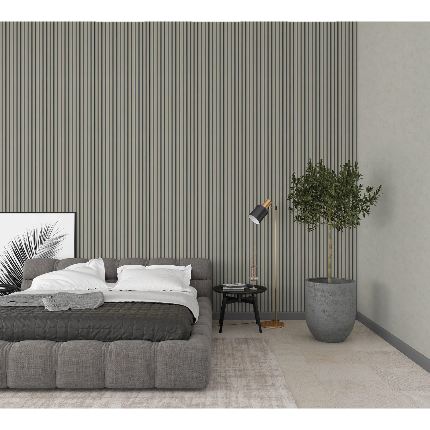 Beige Marburg Vliestapete GZSZ Streifen im Schlafzimmer mit Akustikpaneel-Optik.