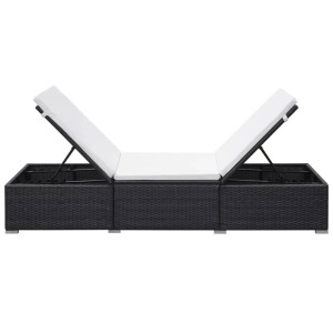 VidaXL Sonnenliegen Set, 2 Stk., schwarzes Poly Rattan mit verstellbaren, weißen Auflagen.