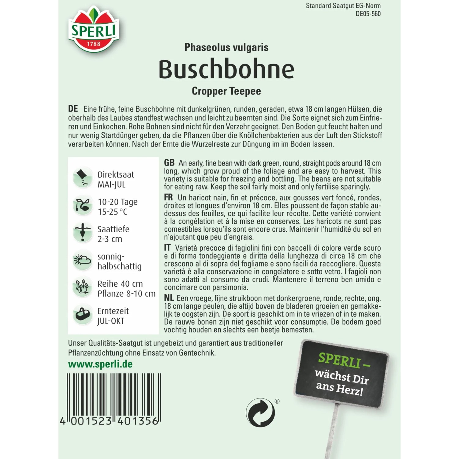 Sperli Buschbohne Cropper Teepee Samenpackung: frühe, feine Sorte für den Gemüseanbau im Garten.