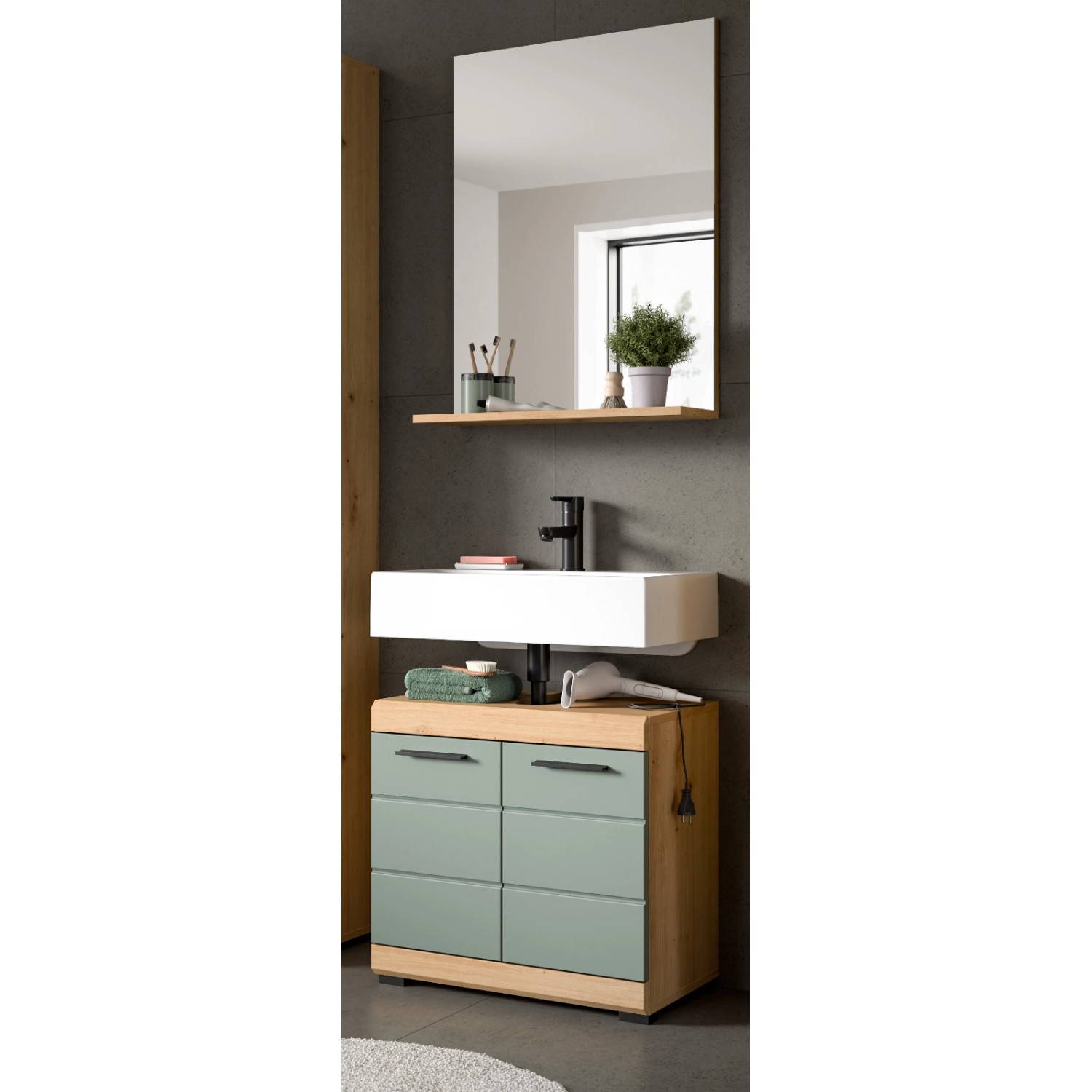 Inn.Furn Badmöbel Set 2-teilig in Grün und Eiche 60 cm Shawn günstig online kaufen