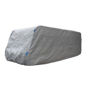 Graue DELUKE Wohnwagen Schutzhülle Gr. M aus Kunststoff, 220x550x250cm, als Abdeckplane für Caravan.
