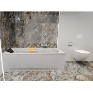 Weiße Rechteckbadewanne 180x80 cm mit Acrylschürze, Bambusablage und KODI Kopfstütze im modernen Bad.