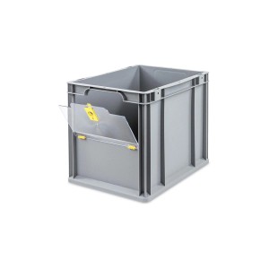 Graue Eurobox mit Entnahmeöffnung und transparentem Deckel. Ideal für Lagerung und Transport.