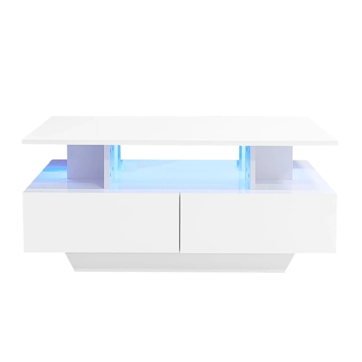 ModernLuxe Couchtisch mit 2 Schubladen Offenem Fach Led Spanplatte Hochglanz Weiß