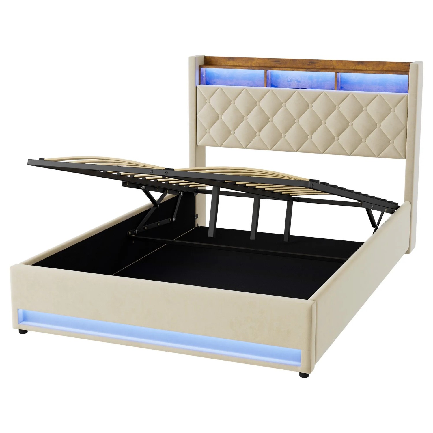 okwish Polsterbett mit LED Beleuchtung USB Steckdosen Schlafzimmer 140x 190 cm Beige