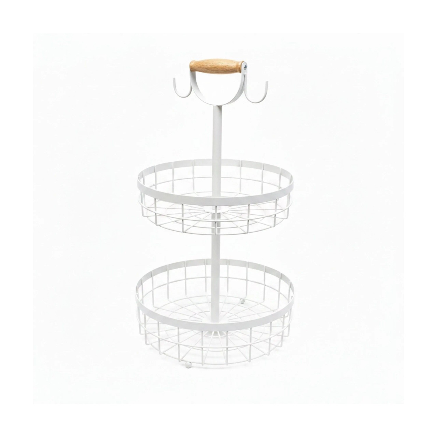 Relaxdays Obstkorb Etagere Metall Weiß Zweistöckig mit Holzgriff und Haken 53 cm x 28,5 cm 1,5 kg