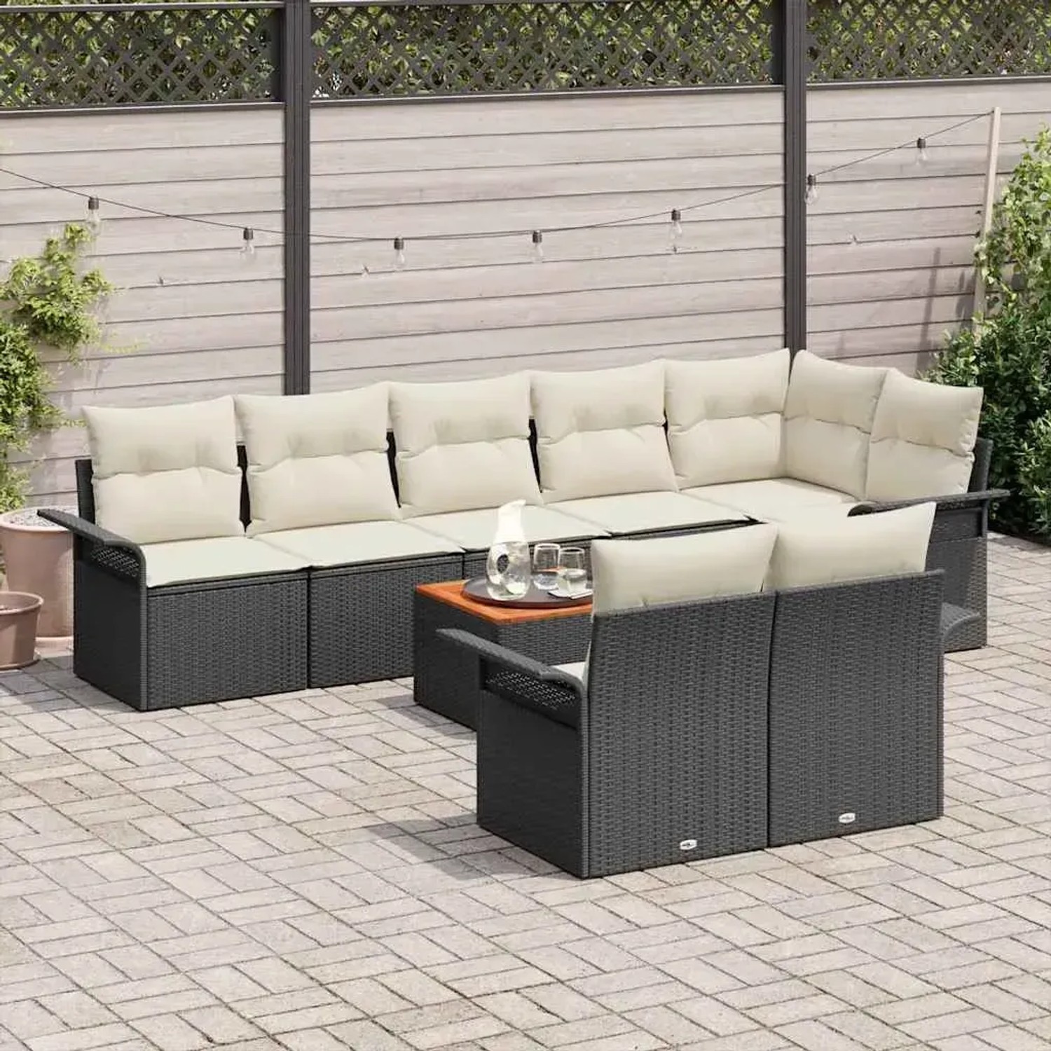 vidaXL Garten-Sofa-Set, 9-teilig, schwarz, Poly Rattan, mit Tisch und beigen Kissen.