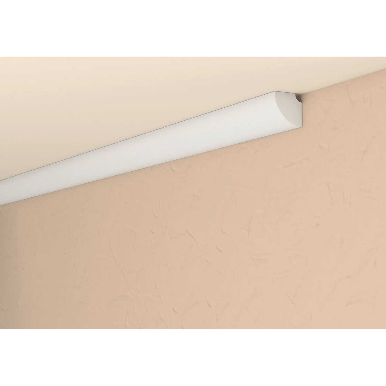 Weißes Decorate Zierprofil KZL01 (1,5 m) an Wand und Decke.