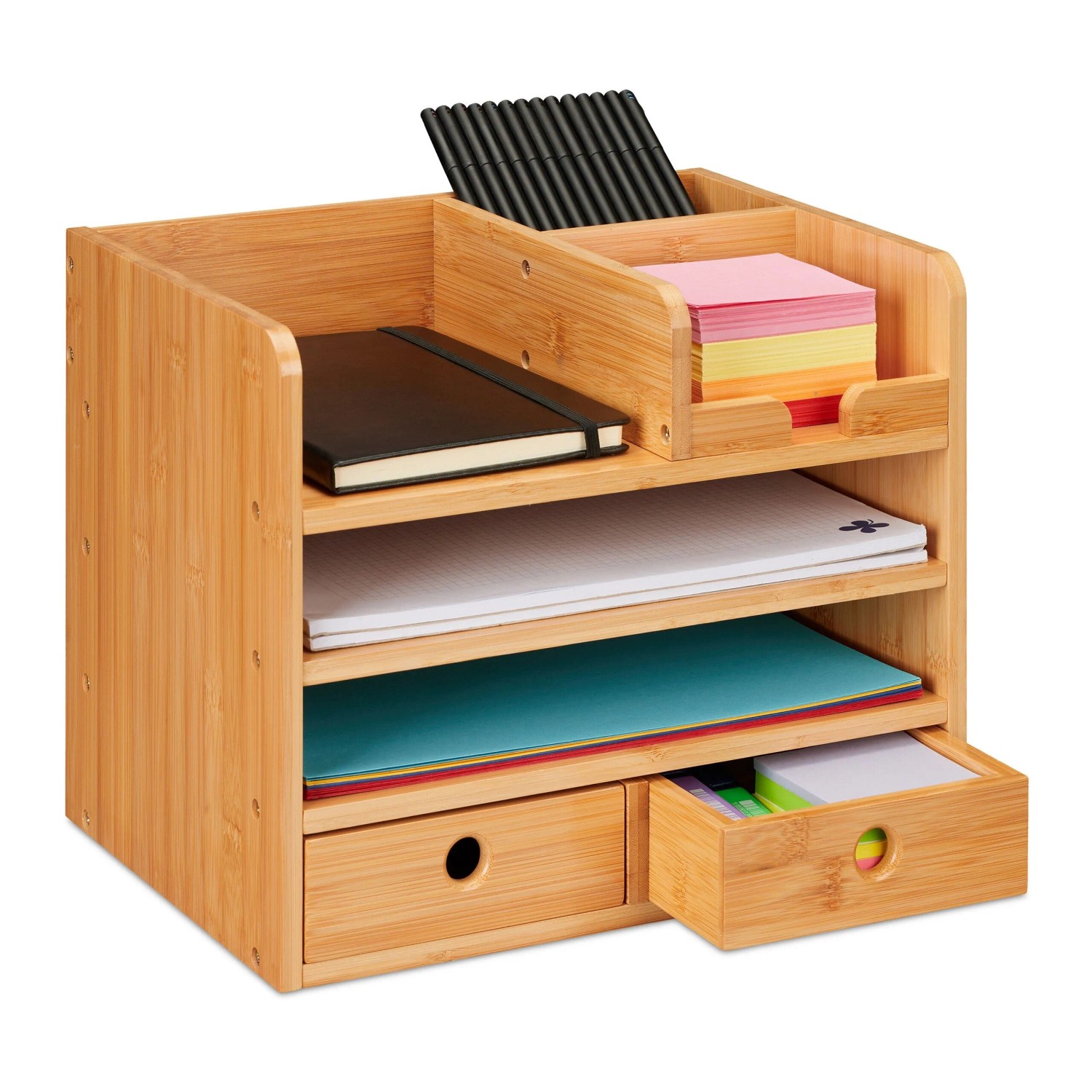 Relaxdays Schreibtisch Organizer Bambus MDF Natur mit 2 Schubladen 26,5 cm x 33 cm x 24 cm 4 kg