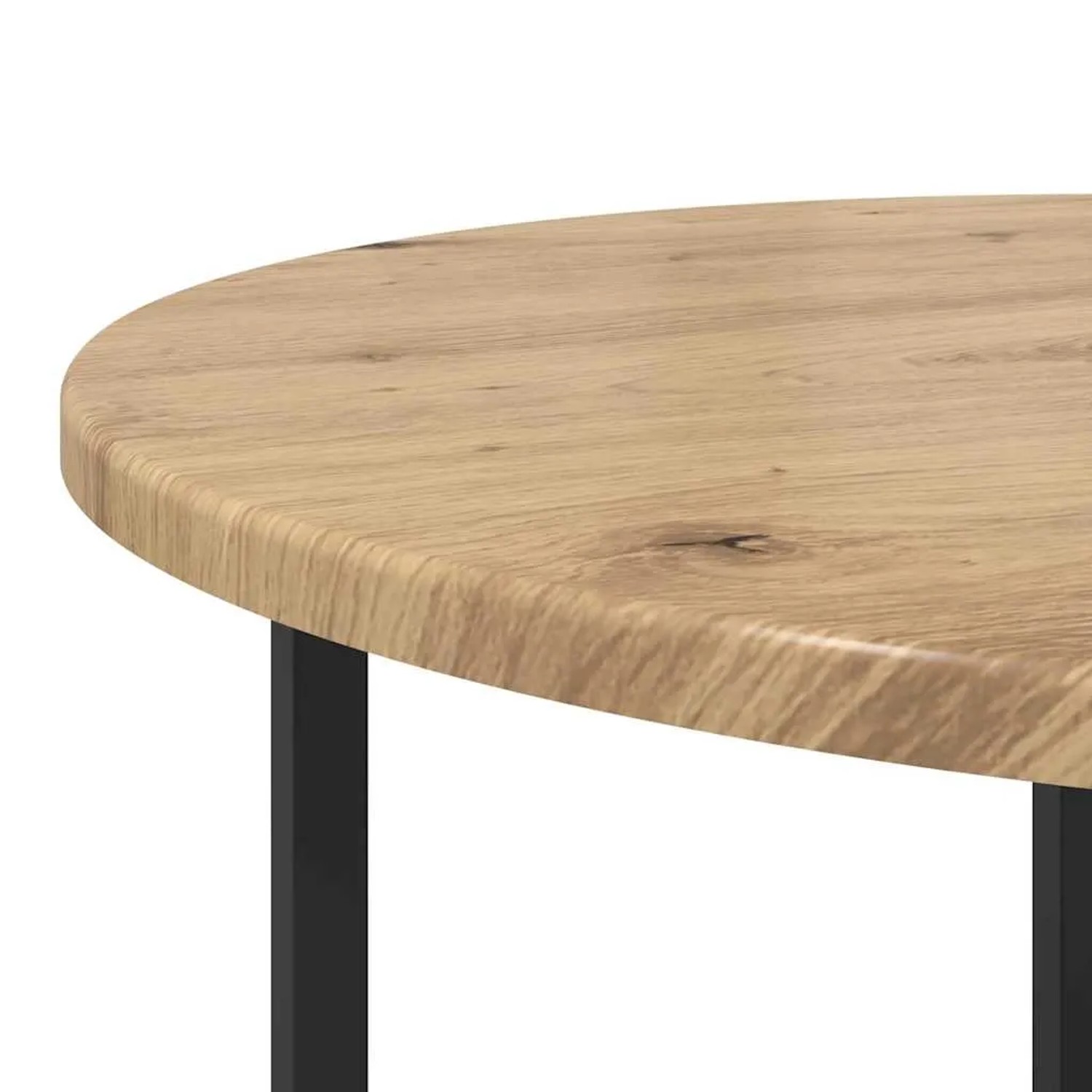 Runder vidaXL Beistelltisch in Artisan Eiche und Schwarz. Nahaufnahme der Holzplatte und eines Metallbeins.