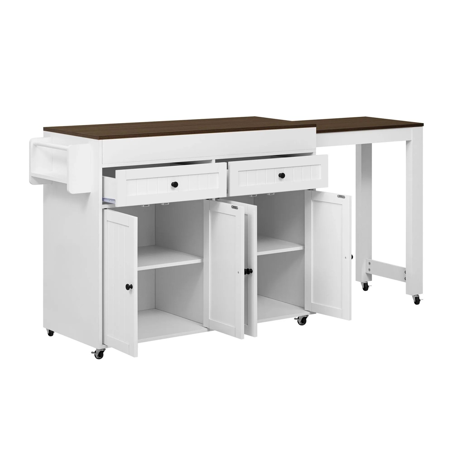 okwish Kücheninsel mit Ausziehfunktion Rollen Schubladen 112-180.5x45x92.2cm Weiß Braun