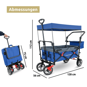 deluxe4home Bollerwagen, faltbarer Transportwagen mit Dach, blau-grau, Abmessungen