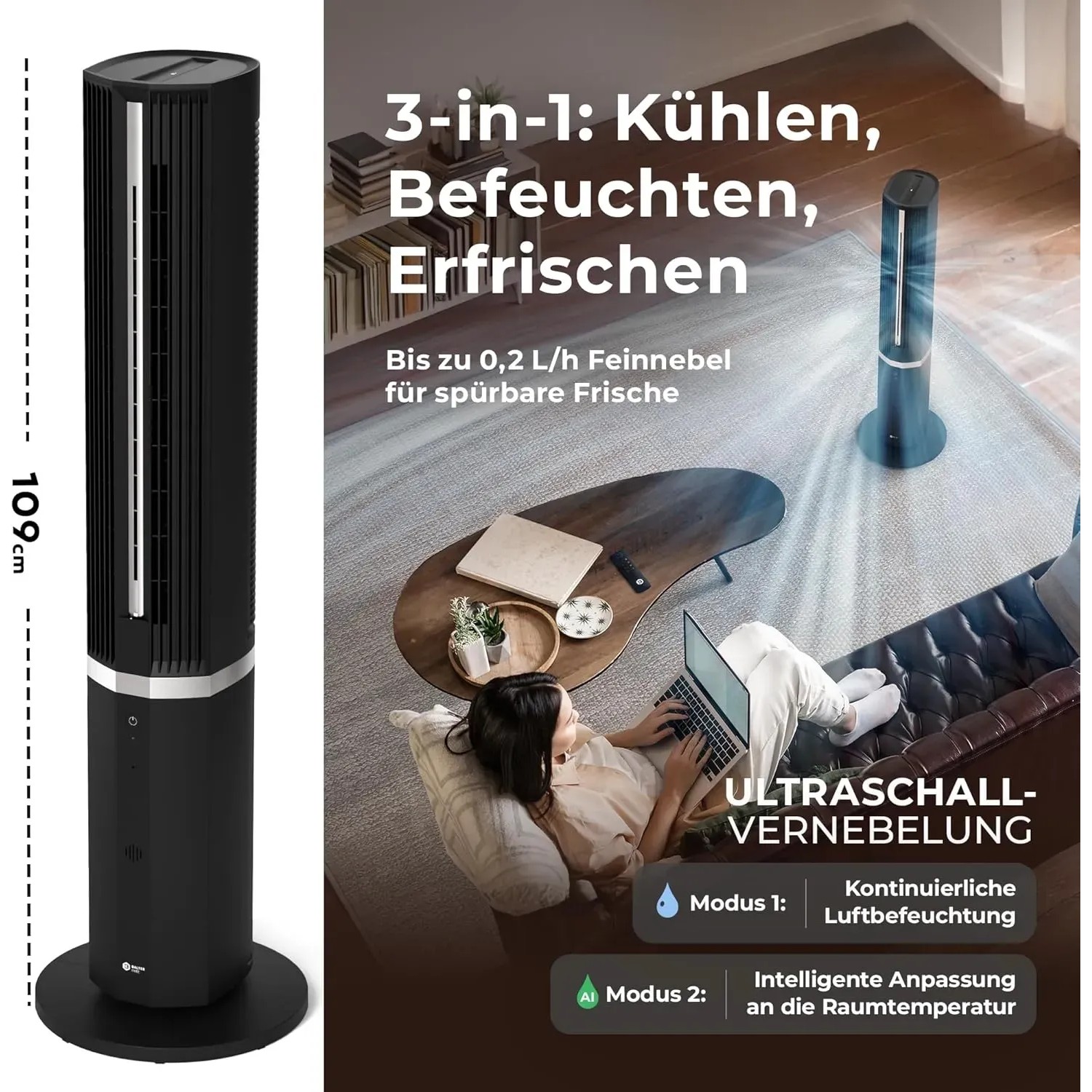 Balter Turmventilator VT-11-BL: 5-in-1 Gerät mit Luftbefeuchter und Kühlfunktion im Einsatz.