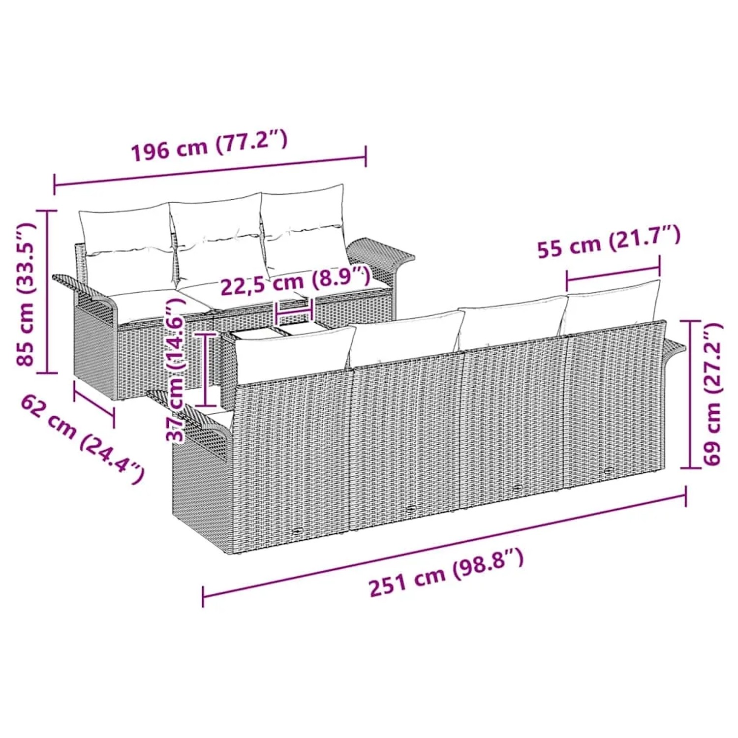 vidaXL Garten-Sofa-Set, 8-teilig, braunes Poly Rattan, mit Maßangaben.