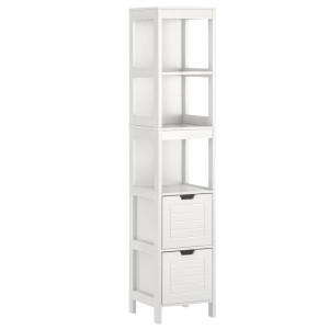 Weißer osoltus Hochschrank Hampton aus Holz, 144 cm, mit offenen Fächern und zwei Schubladen für Bad.