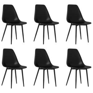 Set aus 6 schwarzen Esszimmerstühlen aus Polypropylen mit Metallbeinen.