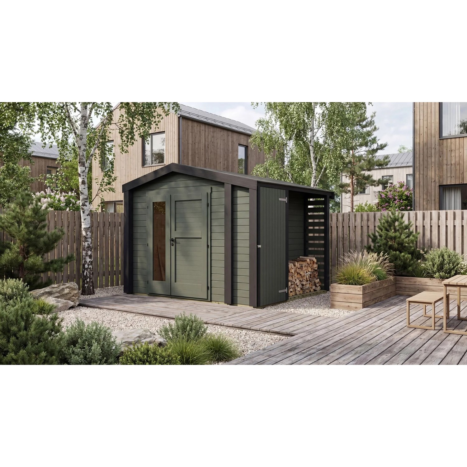 Weka Holz-Gartenhaus Killarney Satteldach Grau-Grün Lasiert 361 cm x 313 cm