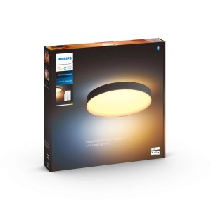 Verpackung der schwarzen Philips Hue Enrave XL Deckenleuchte mit Dimmer und warmweißem Licht.