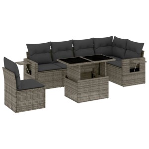 Graue 7-tlg. vidaXL Garten-Sofagarnitur aus Polyrattan mit Tisch und Kissen.