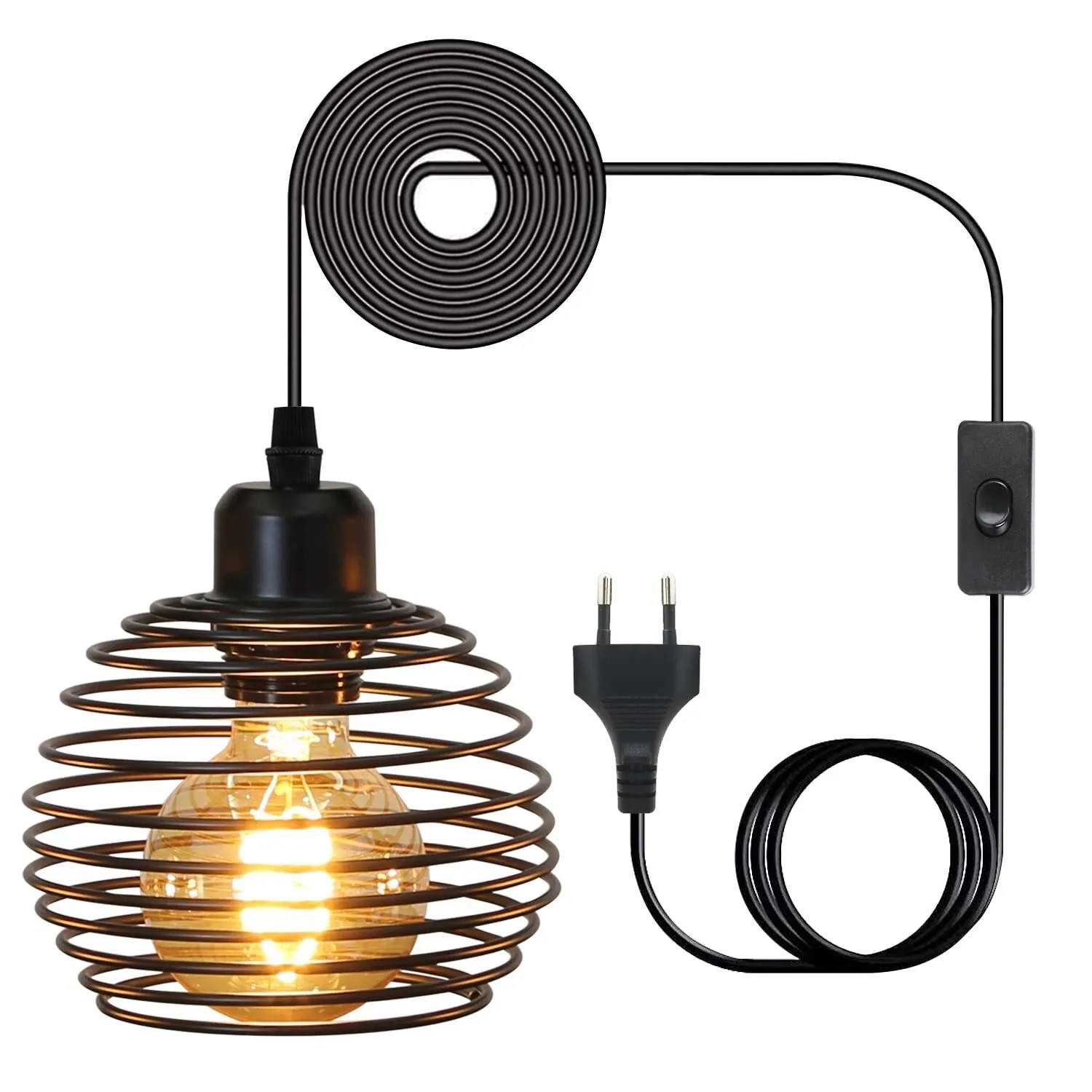 NETTLIFE Pendelleuchte E27 Schwarz Durchm. 15 cm Vintage-Feder-Design Metall mit Stecker und Schalter Retro für Wohnzimmer Küche Max. 40 W