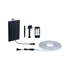 Solar LED Stripe 10m RGB Set mit Solarpanel, Erdspieß, Halterung, Fernbedienung und aufgerolltem LED-Band.