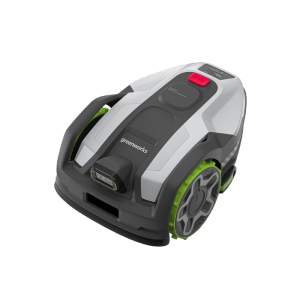 Greenworks Mähroboter AiMowbot 8, weiß-grau mit grünen Rädern. Kabellose RTKVision-Navigation für präzise Rasenpflege.