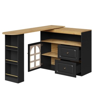 Merax 360° Drehbarer Bartisch  2 Schubladen  Snackregal  Ablagefach  Glas  Schwarz
