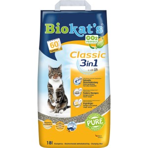 Biokats Classic 3in1 Katzenstreu, 18l Sack Klumpstreu mit Katze auf der Packung.