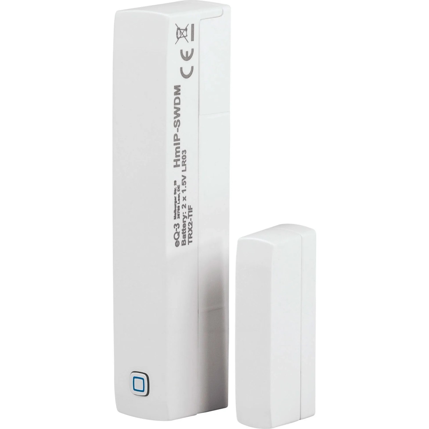 Homematic IP Fenster- und Türkontakt mit Magnet. Zwei weiße, rechteckige Sensoren für Smart Home.