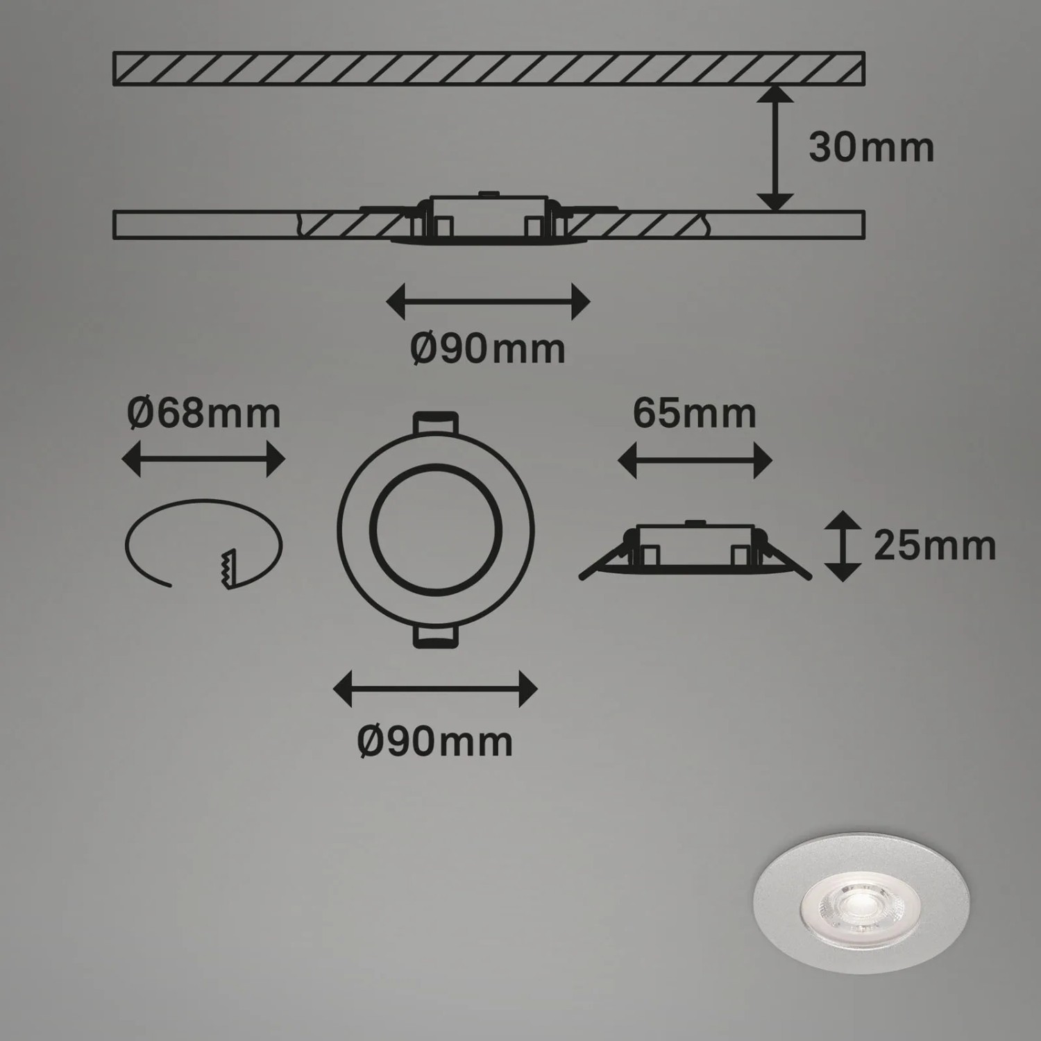 Brilo LED-Einbauleuchte Kulana, 4er Set, Chrom matt, 4,9W, mit Maßangaben als Schemazeichnung.