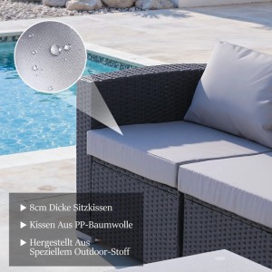 Detailaufnahme: HOMAVO Gartenlounge Set mit grauen Kissen und wasserabweisendem Bezug.
