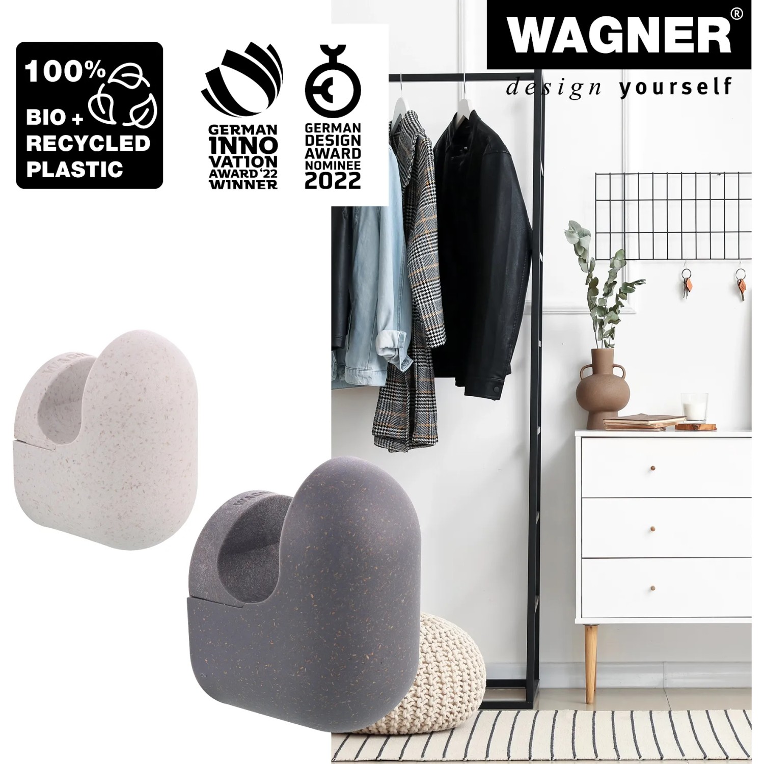 Wagner Wandhaken-Set Pill WH 0411, 4er-Set in Schiefergrau und Lichtgrau aus Bio-Kunststoff.