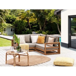 Beliani Gartensofa, helles Holz mit grauen Kissen, 167x167x72 cm. Modulares Lounge-Set für Garten und Terrasse.