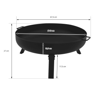 Schwarze ECD Germany Feuerschale (60x27 cm) mit klappbaren Füßen und Maßangaben.