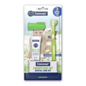 Canosept Zahnpflege-Set für Hunde: Zahnbürste, Finger-Bürste und Dental Gel für optimale Maulhygiene.