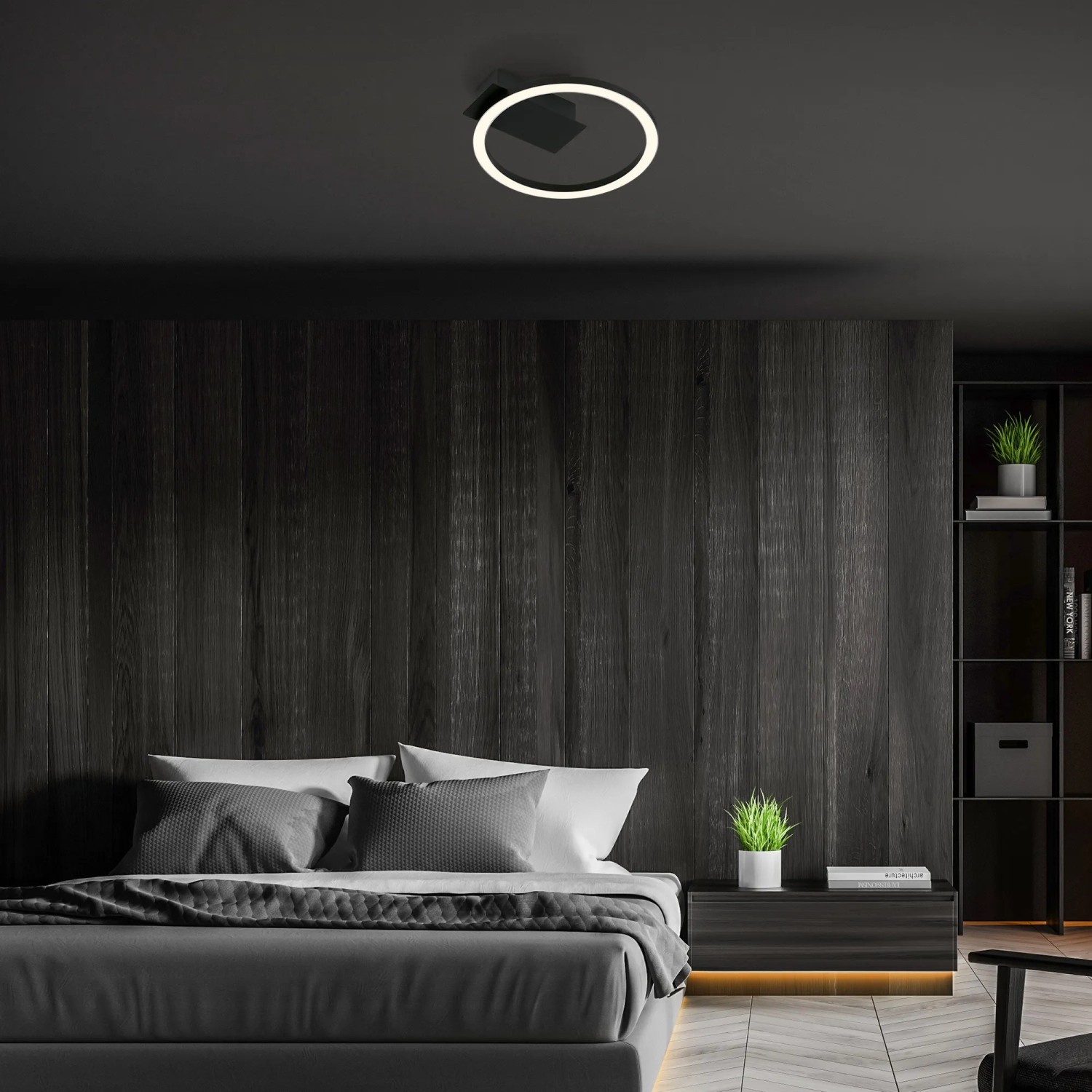 Brilo LED-Deckenleuchte Nici, schwarz, warmweißes Licht, rundes Design im Schlafzimmer.