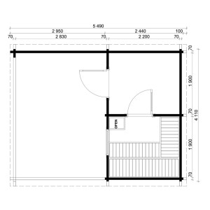Grundriss Finntherm Gartensauna Cubus-70 Royal, 411x549cm, naturbelassen, mit Maßen.