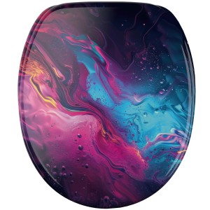 SANILO WC-Sitz Lumen mit Absenkautomatik, abstraktes Design in Pink, Blau und Lila.