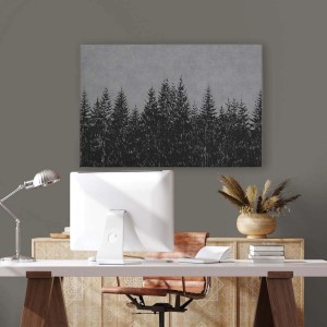 Modernes Leinwandbild mit Tannenwald in Grau und Schwarz, 120x80 cm. Wanddekoration für Wohn- und Schlafräume.