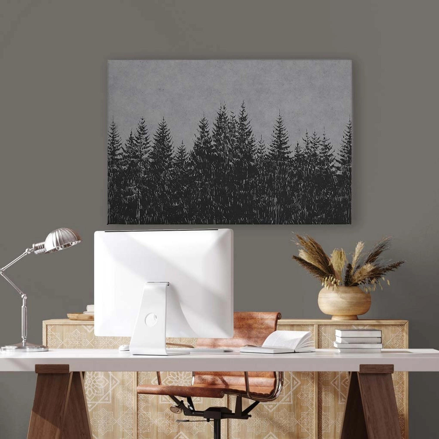Bricoflor Modernes Bild Mit Tannenwald Grau Schwarz In 120 X 80 Cm Wald Leinwandbild Für Schlafzimmer Und Büro Wandbild 