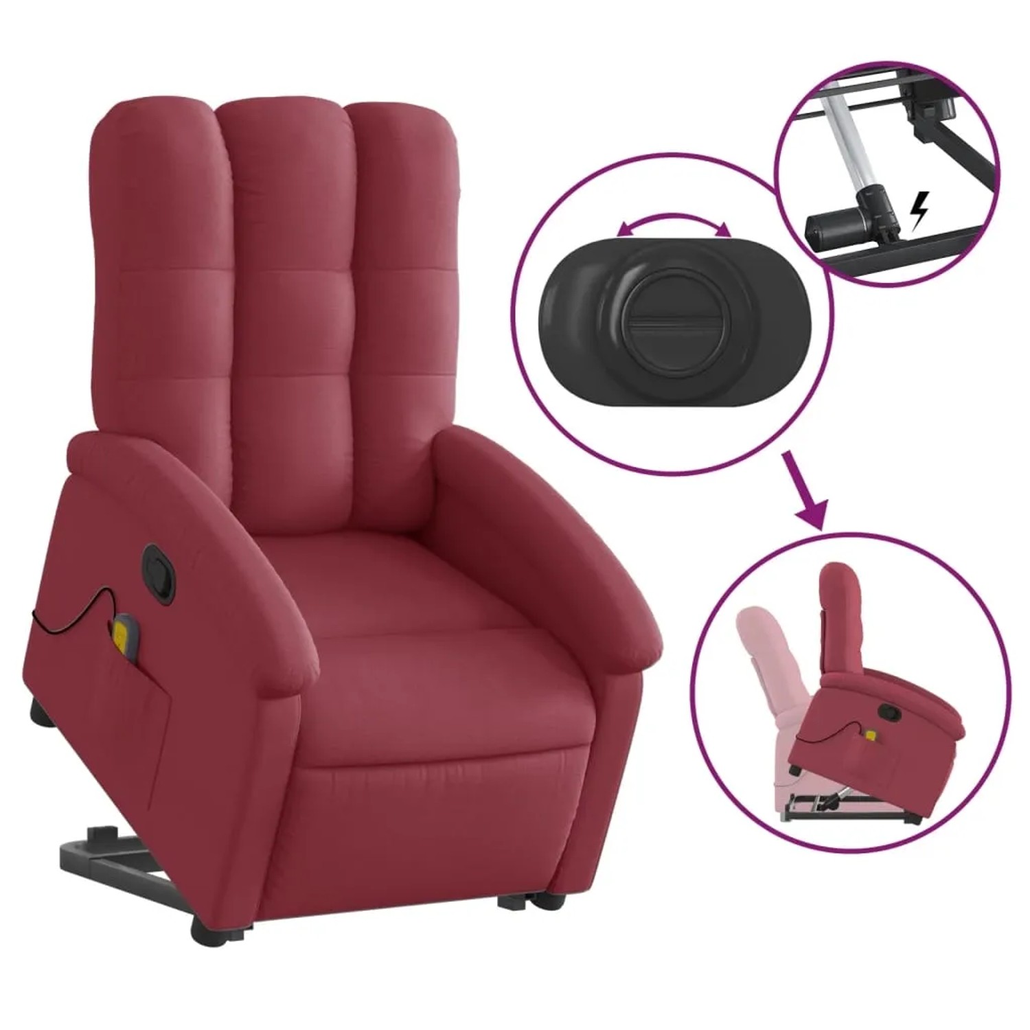 Weinroter Massagesessel mit Aufstehhilfe, Stoffbezug und seitlicher Bedienung.