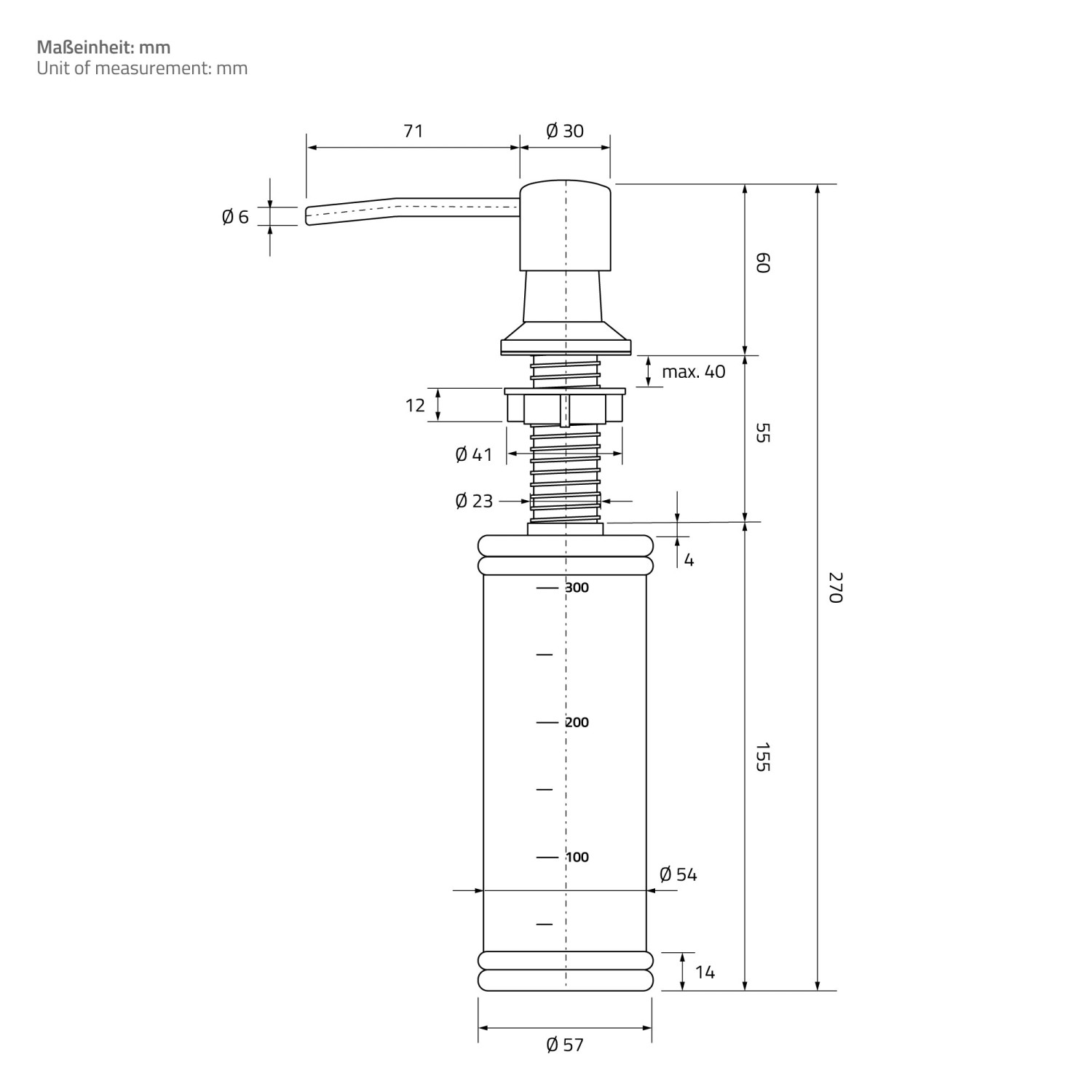 Technische Zeichnung: ML-Design Spülbecken Seifenspender, Maße und Details.