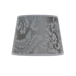 Grauer Stoff-Lampenschirm mit glänzendem Barock-Muster für E14 Tischlampen, konisch, Ø 19 cm.