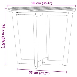 Skizze eines runden Garten-Esstischs aus Akazienholz, Ø90cm, mit Kreuzfuß. Abmessungen sind eingezeichnet.