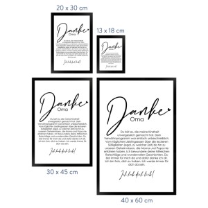 Gerahmtes Poster "Danke Oma" in verschiedenen Größen als Geschenkidee.