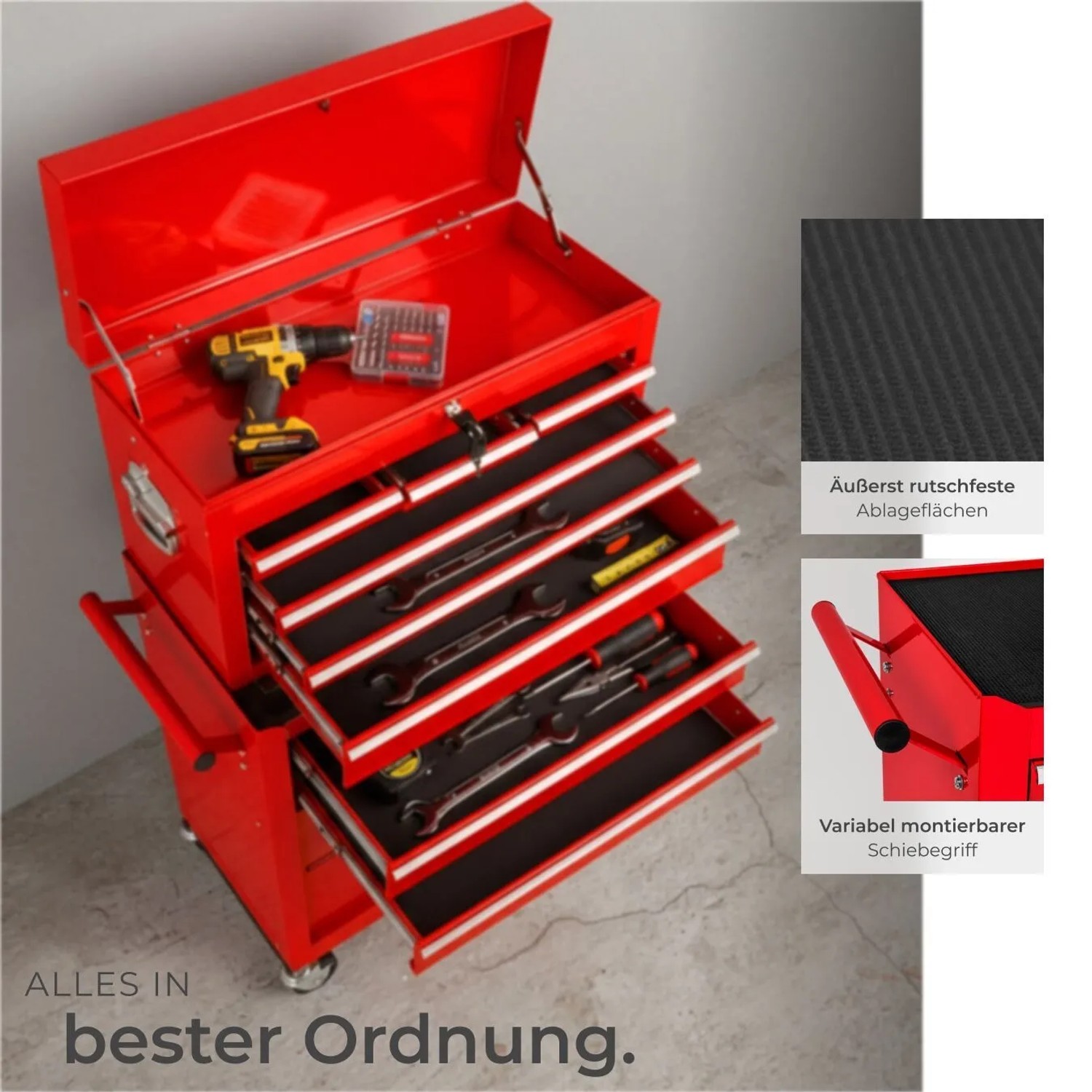 Tectake Werkzeugwagen  8 Kugelgelagerte Schubladen Mit Antirutschmatten Belastbarkeit 150 kg  69 x 33 x 110 cm Rot_5